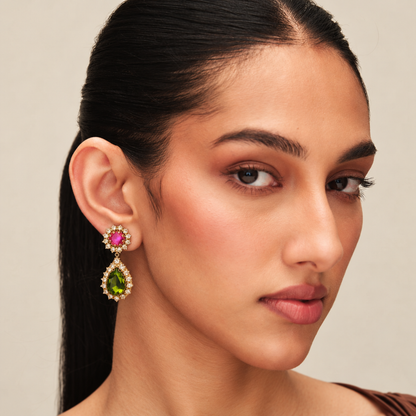 Rekhi Crystal Teardrop Earrings - Green & Pink