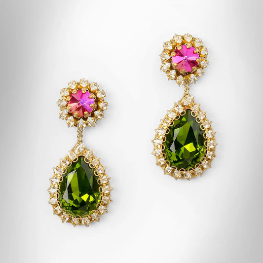 Rekhi Crystal Teardrop Earrings - Green & Pink