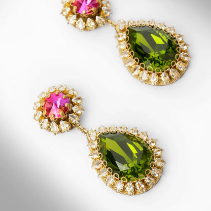 Rekhi Crystal Teardrop Earrings - Green & Pink