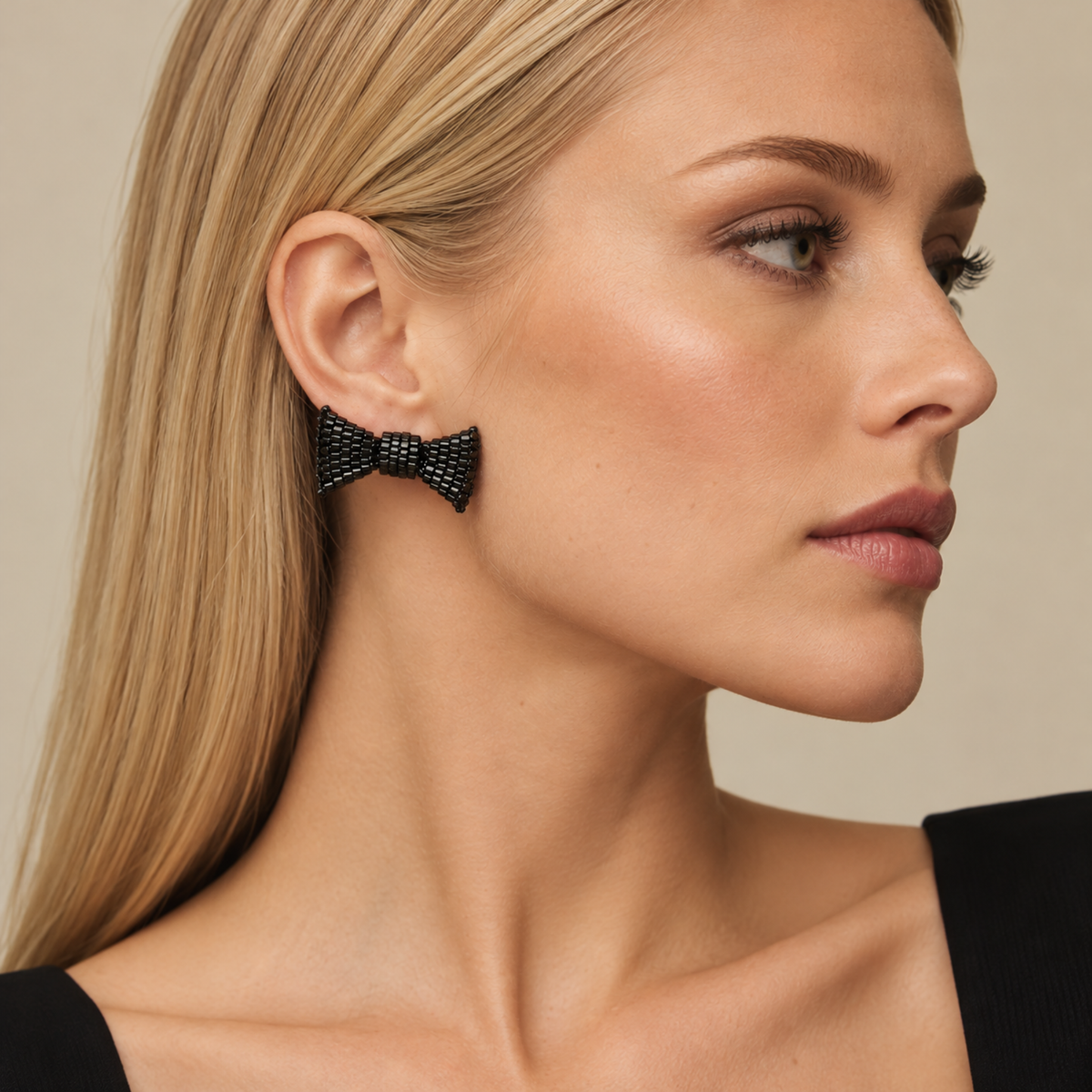 Beaded Bow Stud Earrings - Black