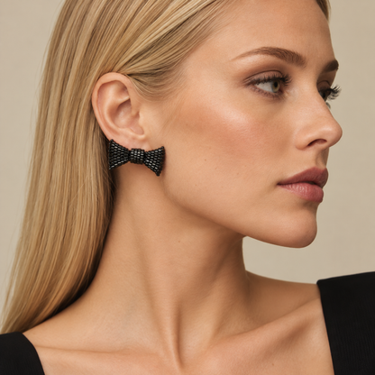 Beaded Bow Stud Earrings - Black