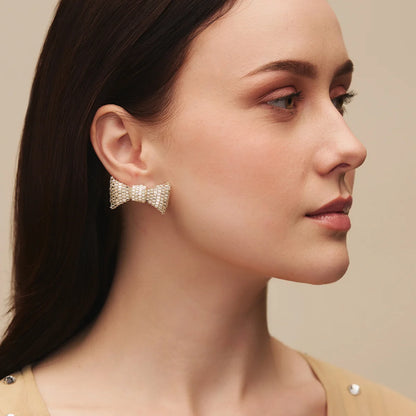 Beaded Bow Stud Earrings - Silver