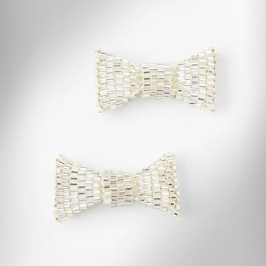 Beaded Bow Stud Earrings - Silver