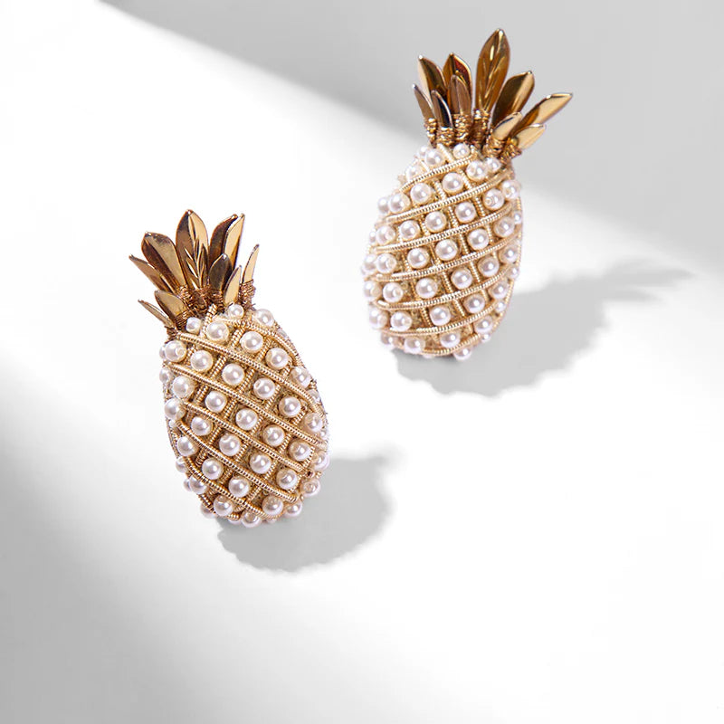 Pineapple Beaded Clip-On Earrings - Pearl & Gold