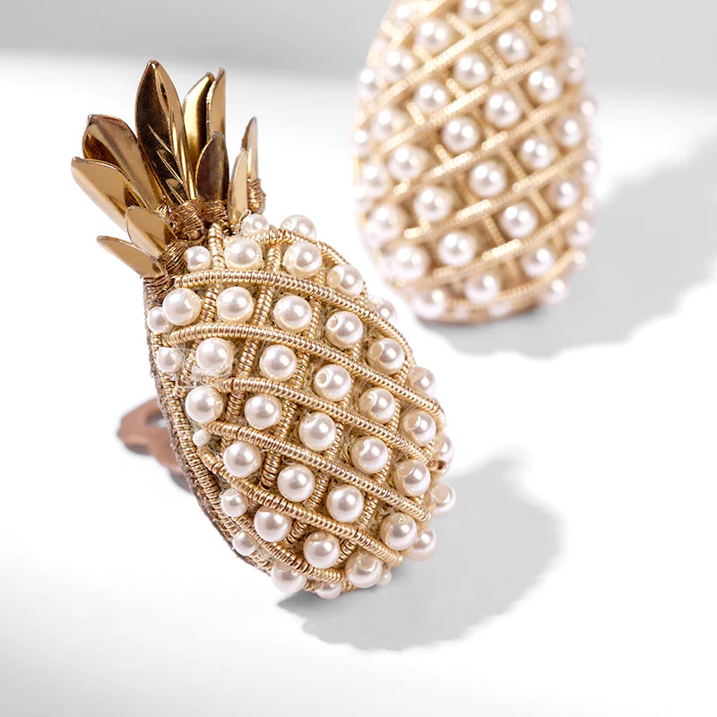 Pineapple Beaded Clip-On Earrings - Pearl & Gold