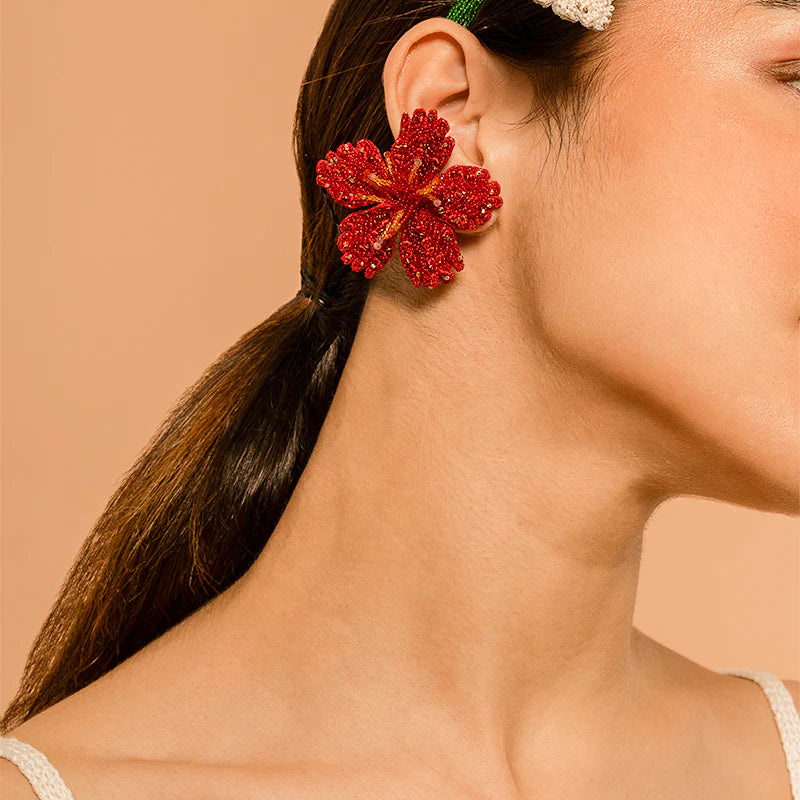 Hibiscus Beaded Clip-On Earrings - Red