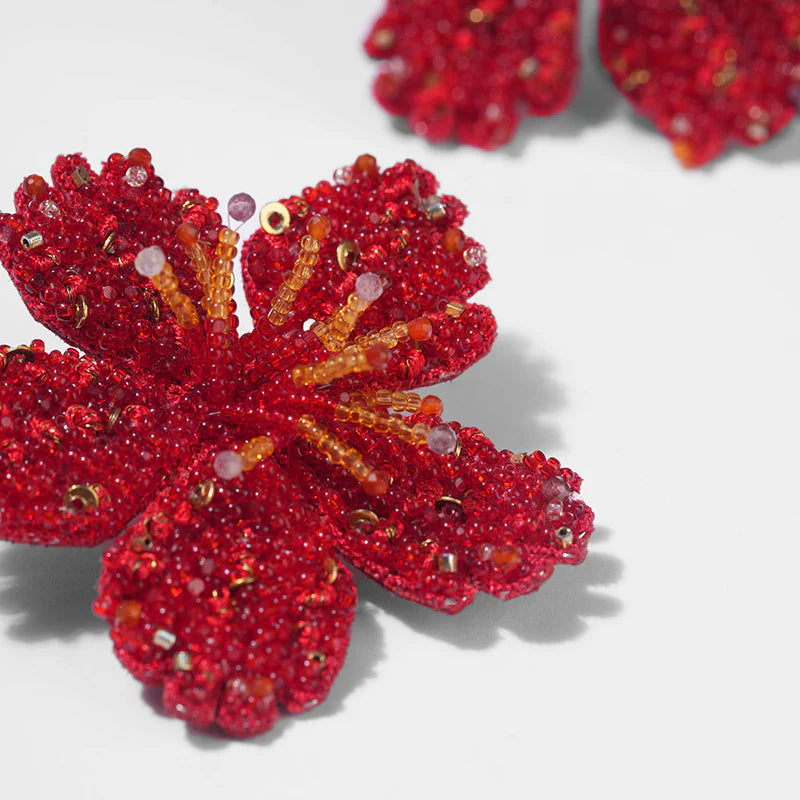 Hibiscus Beaded Clip-On Earrings - Red