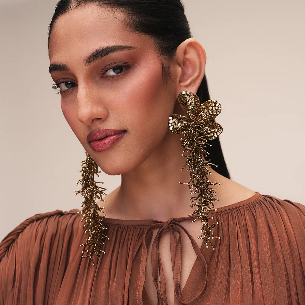 Khilna Floral Shoulder Duster Earrings - Gold