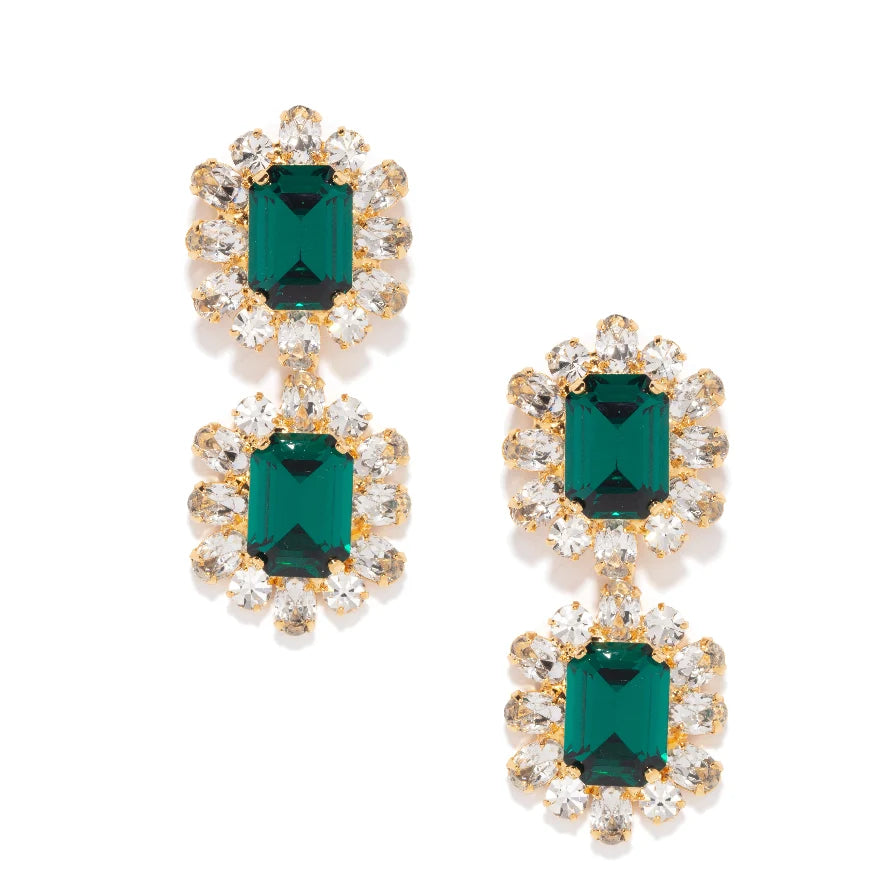 Europe Double Emerald-Cut Crystal Drop Earrings - Emerald