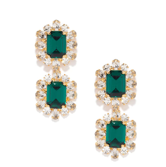 Europe Double Emerald-Cut Crystal Drop Earrings - Emerald
