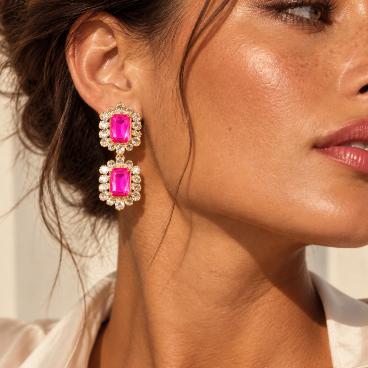 Europe Double Emerald-Cut Crystal Drop Earrings - Hot Pink