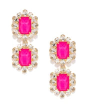Europe Double Emerald-Cut Crystal Drop Earrings - Hot Pink
