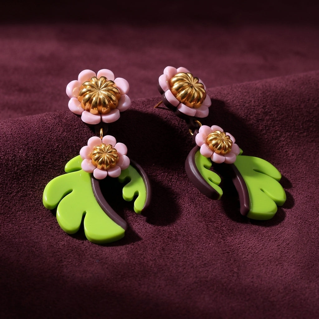 Cosmos Flower Drop Earrings - Avocado