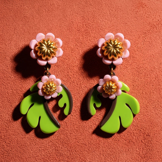 Cosmos Flower Drop Earrings - Avocado