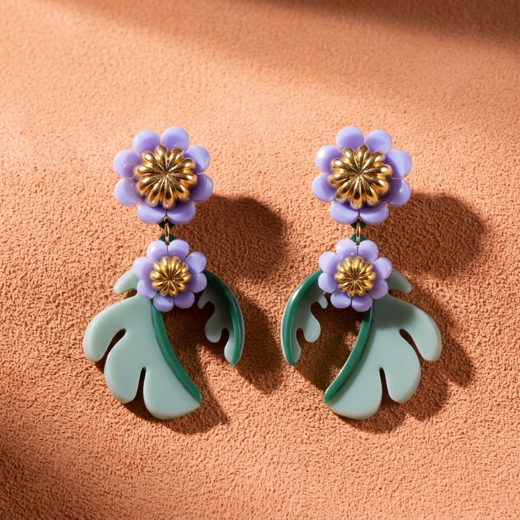Cosmos Flower Drop Earrings - Sage Green