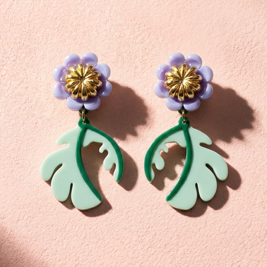 Cosmos Flower Drop Earrings - Sage Green