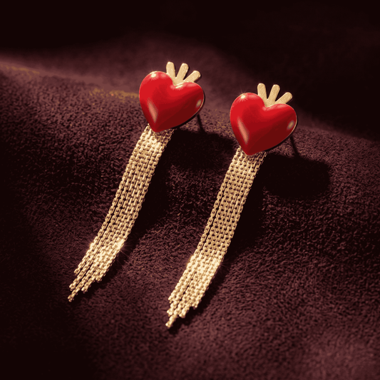 Heart Fringe Earrings - Red