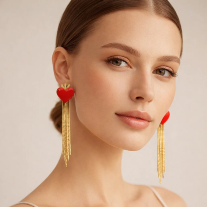 Heart Fringe Earrings - Red