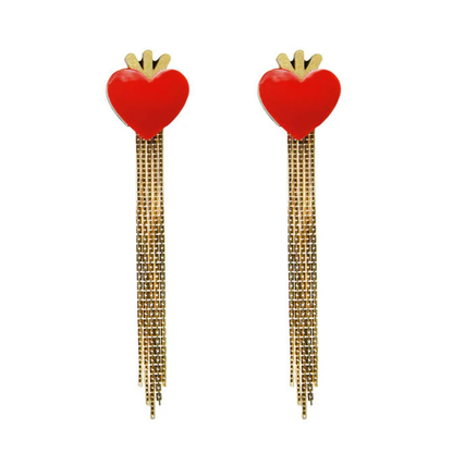 Heart Fringe Earrings - Red