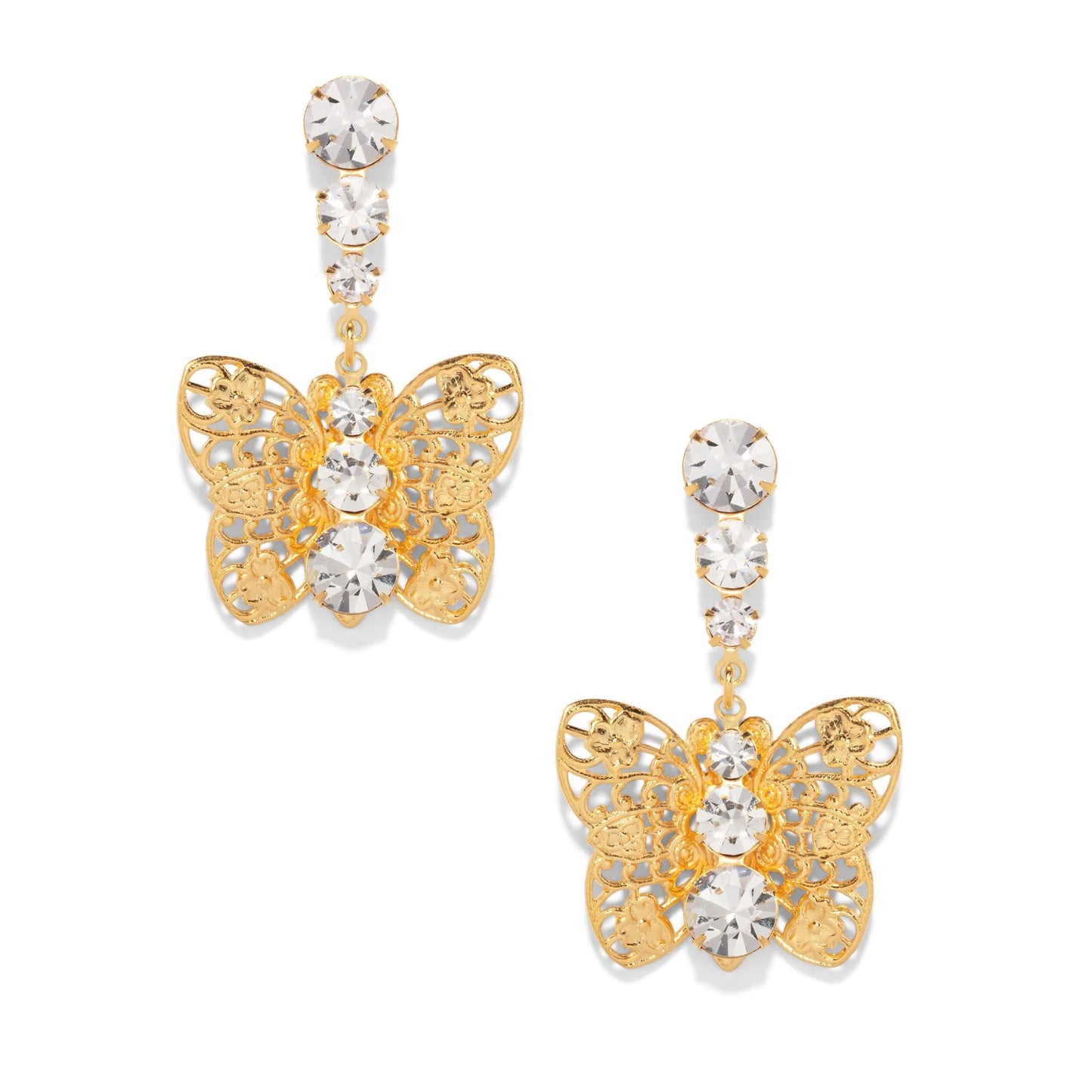 Gold Filigree Butterfly Drop Earrings - Crystal
