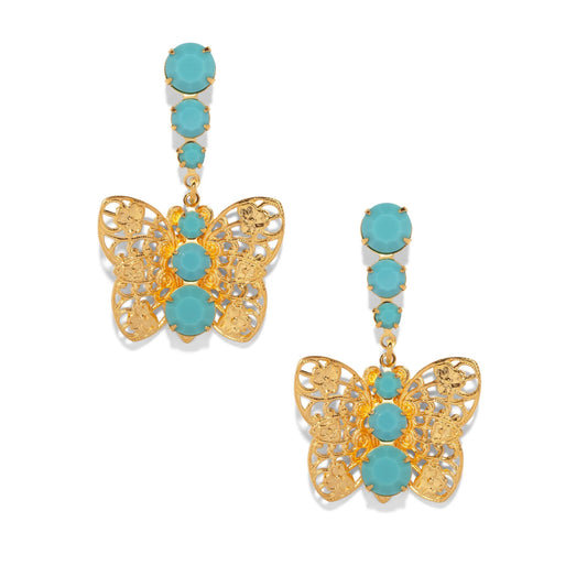 Gold Filigree Butterfly Drop Earrings - Turquoise