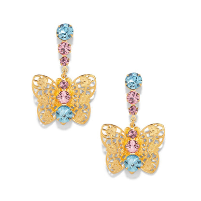 Gold Filigree Butterfly Drop Earrings - Blue & Pink