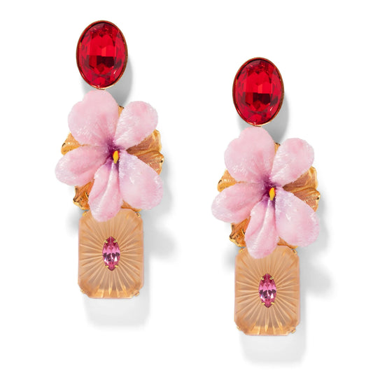 Sunburst Floral Drop Earrings - Pink & Ruby Red