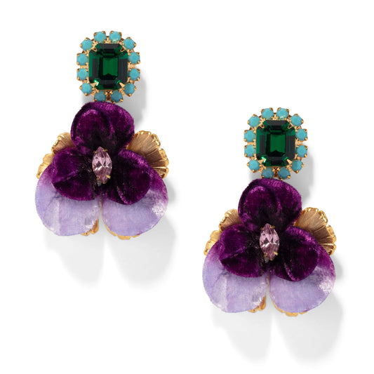 Pansy Drop Earrings - Purple & Green