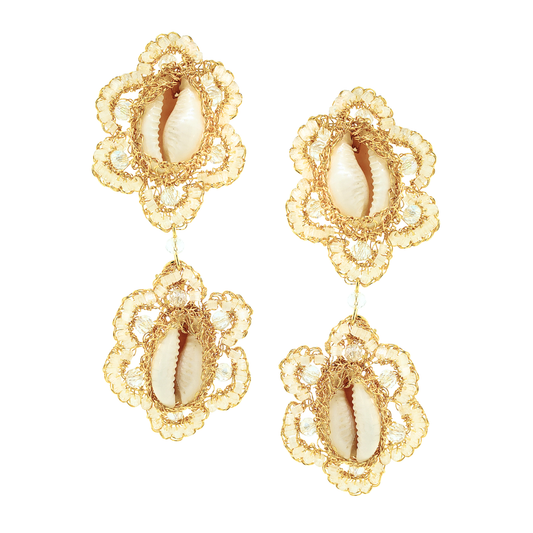 Cowrie Shell Duo Beaded Crochet Drop Earrings