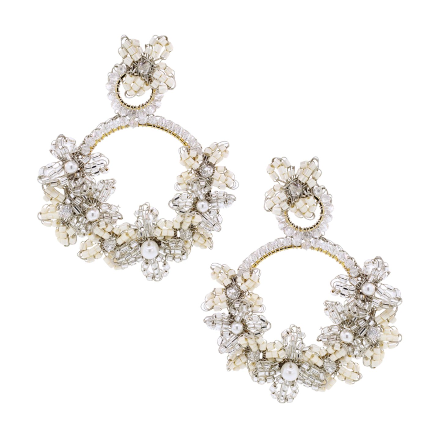 Large Garden Beaded Floral Halo Drop Earrings - White & Silver