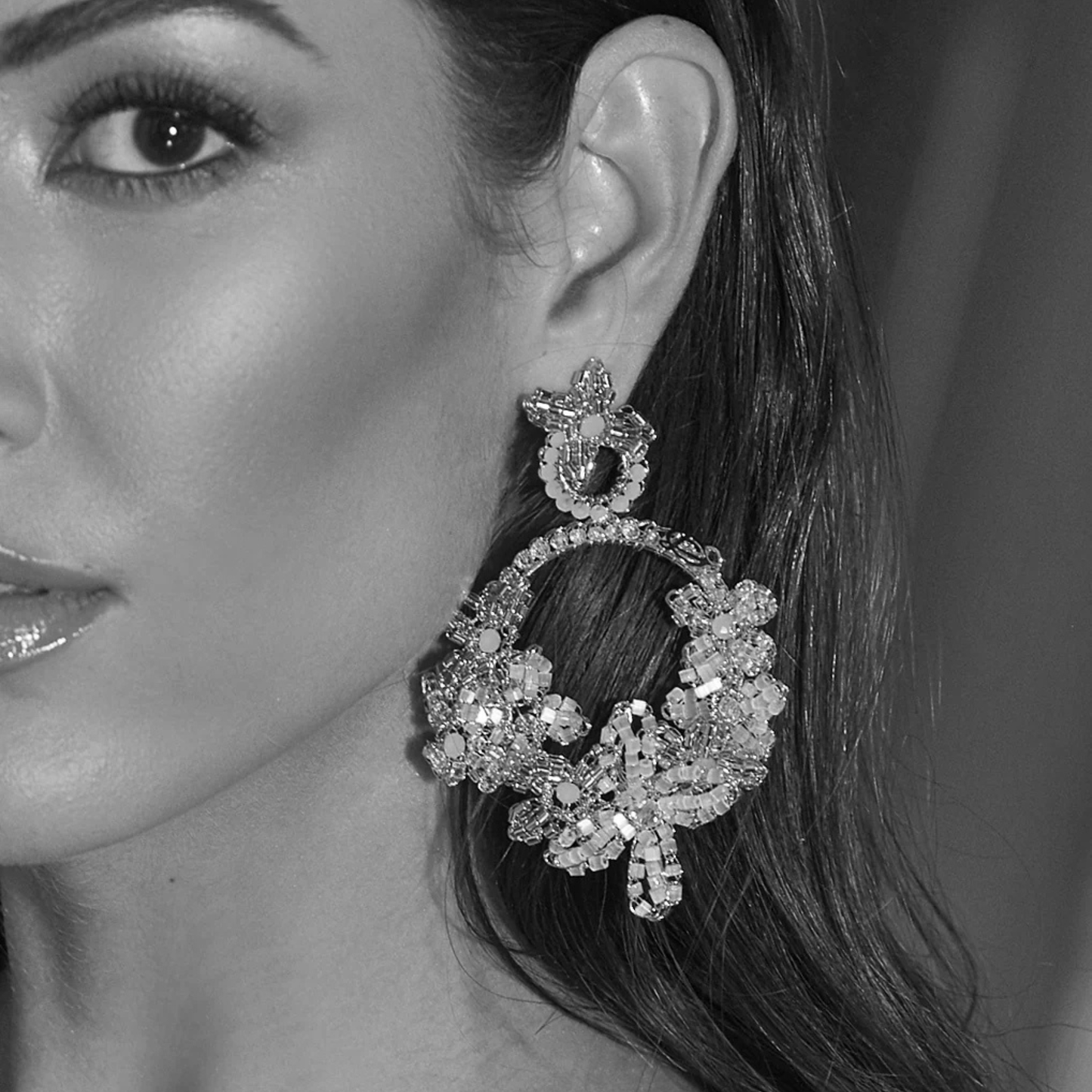 Large Garden Beaded Floral Halo Drop Earrings - White & Silver