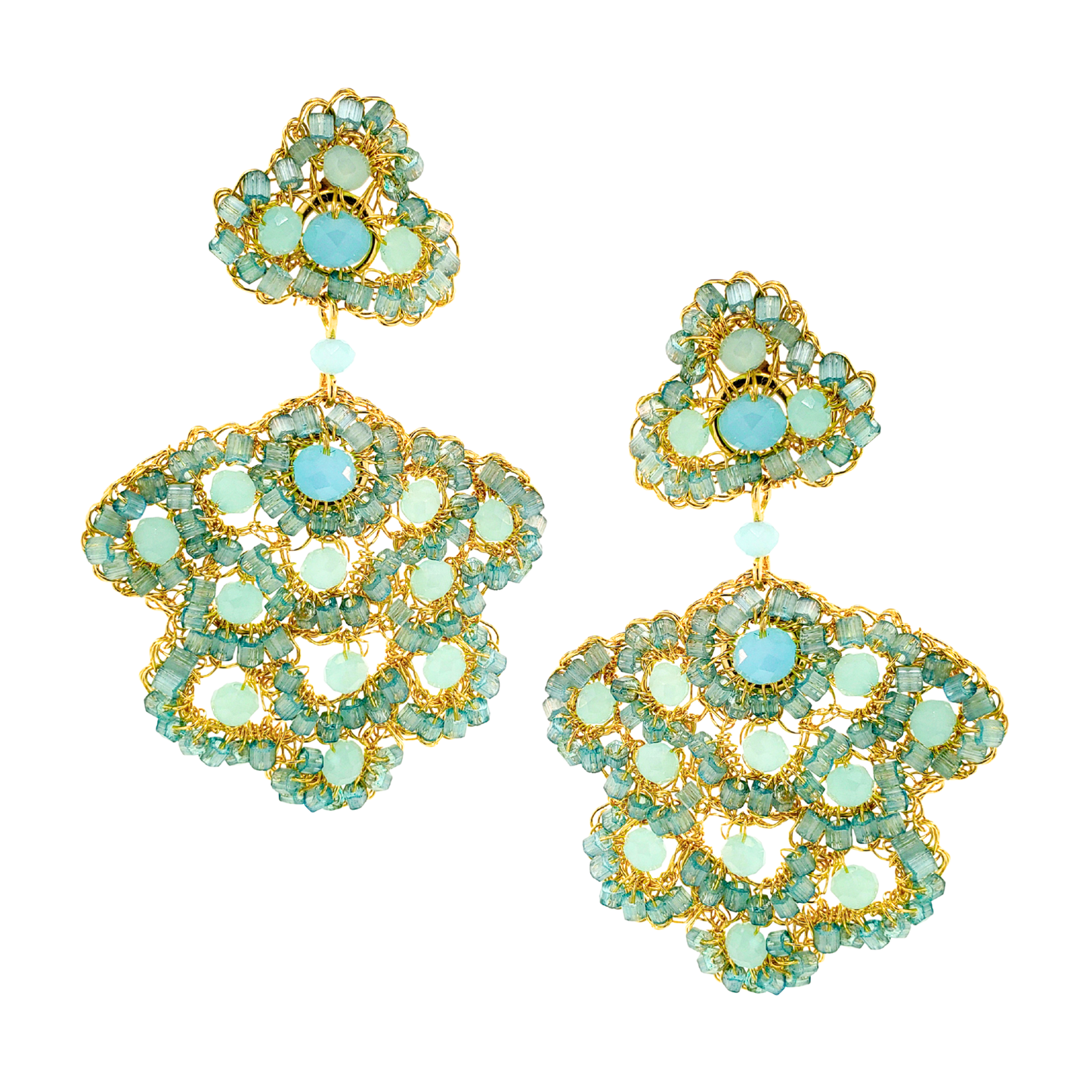 Poppy Beaded Floral Drop Earrings - Aqua