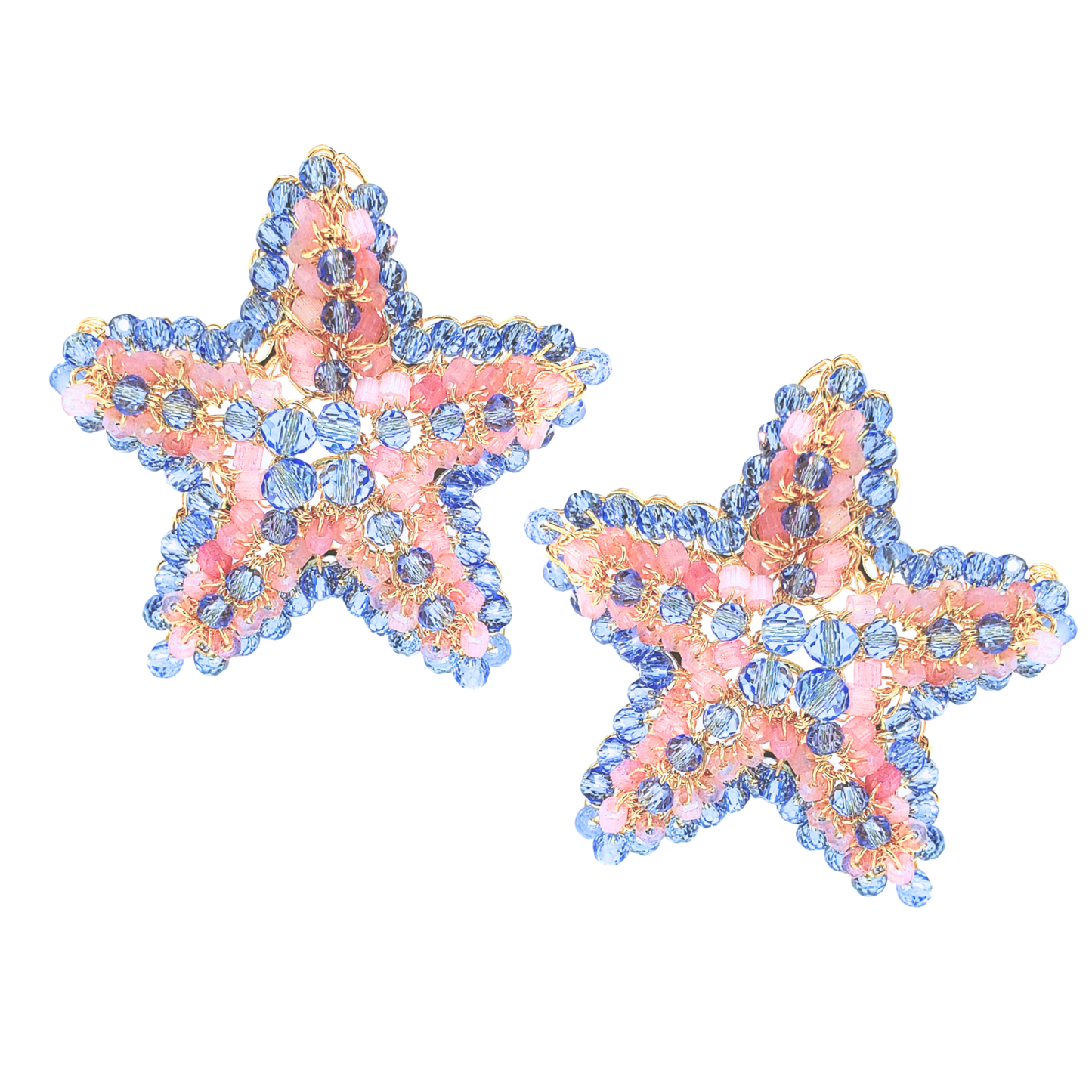 Beaded Sea Star Statement Stud Earrings - Pink & Blue