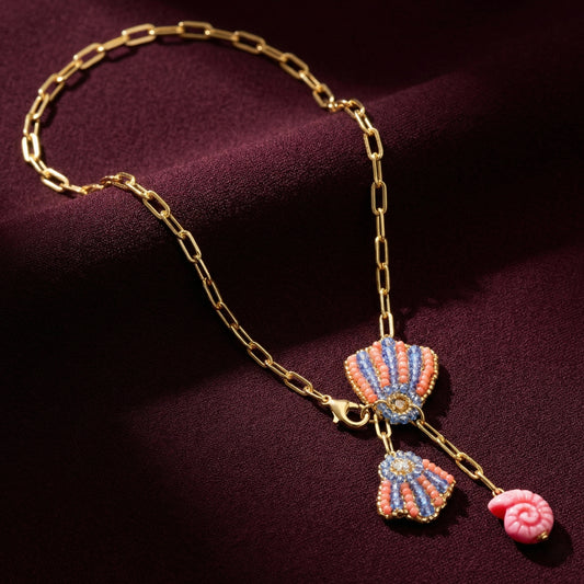 Beaded Seashell Lariat Necklace - Pink & Blue