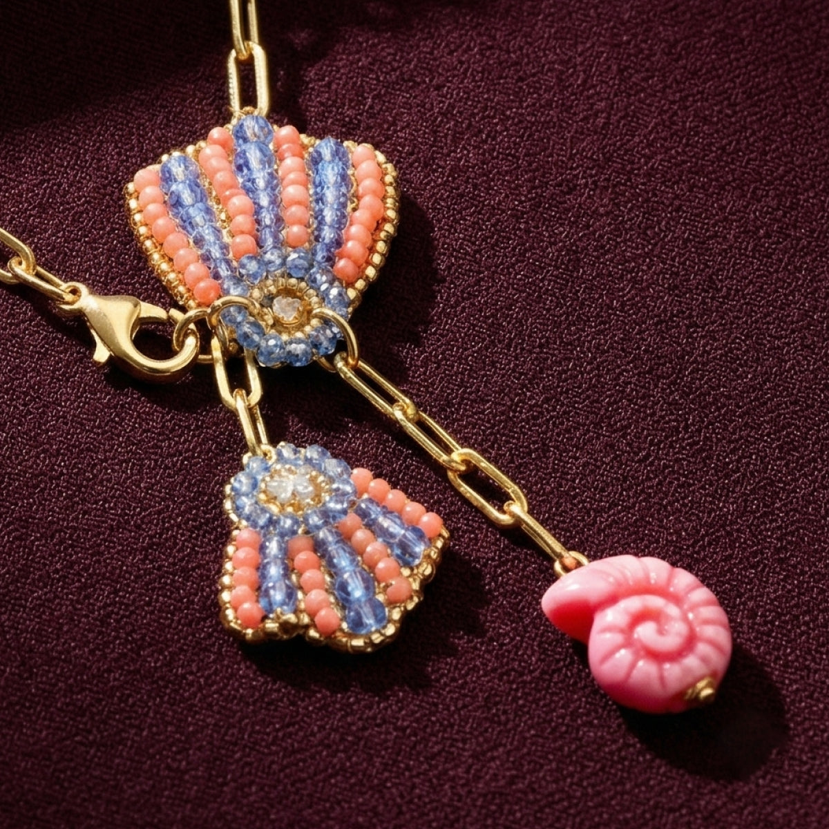 Beaded Seashell Lariat Necklace - Pink & Blue