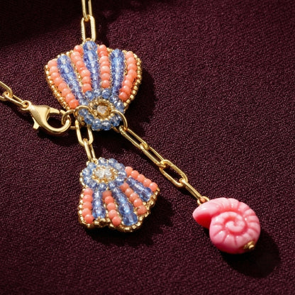 Beaded Seashell Lariat Necklace - Pink & Blue