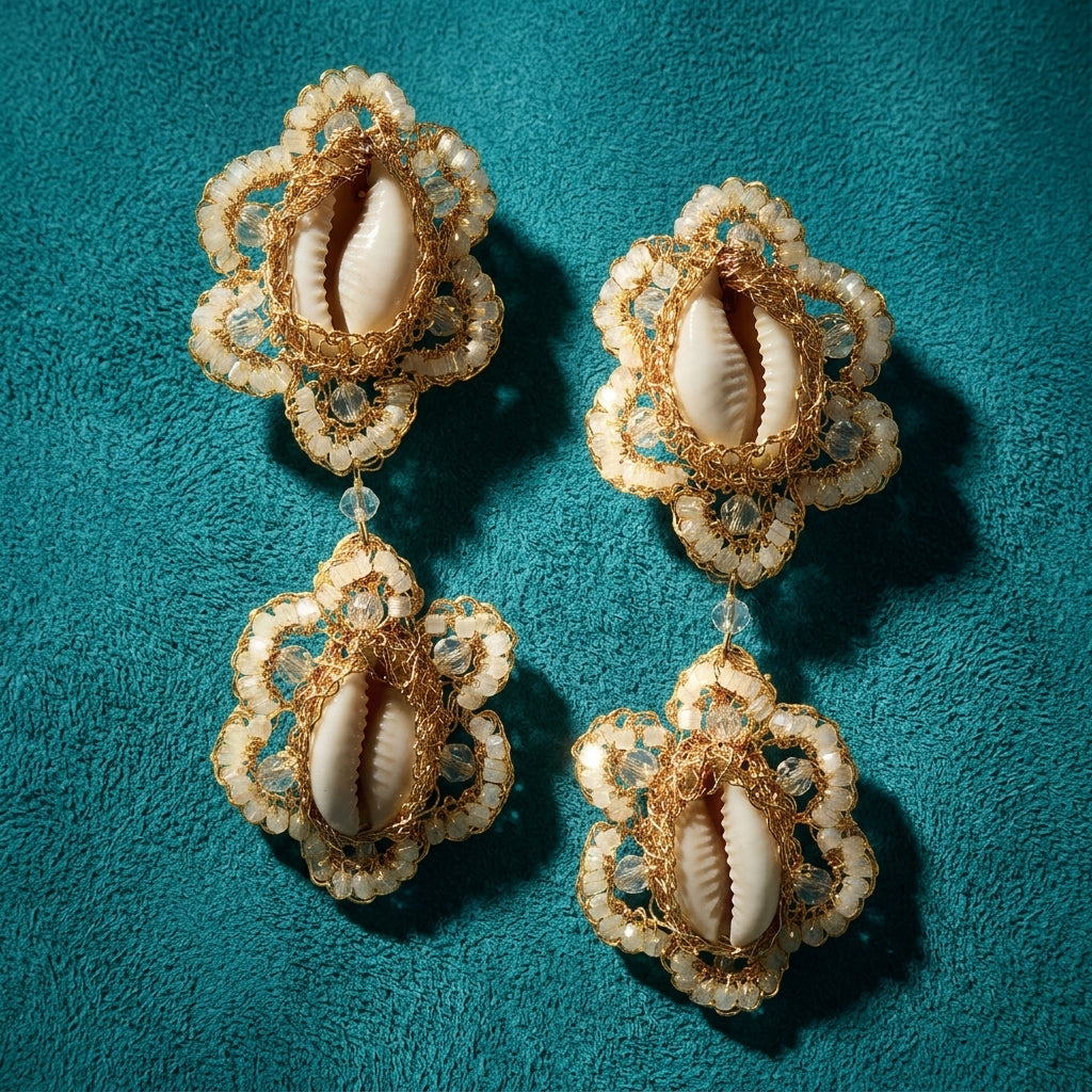 Cowrie Shell Duo Beaded Crochet Drop Earrings