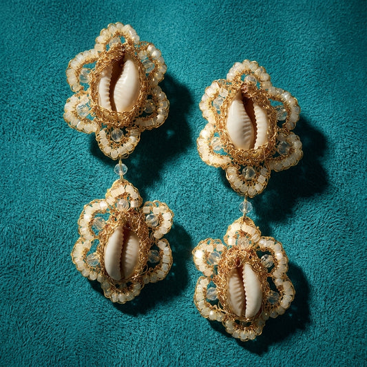 Cowrie Shell Duo Beaded Crochet Drop Earrings