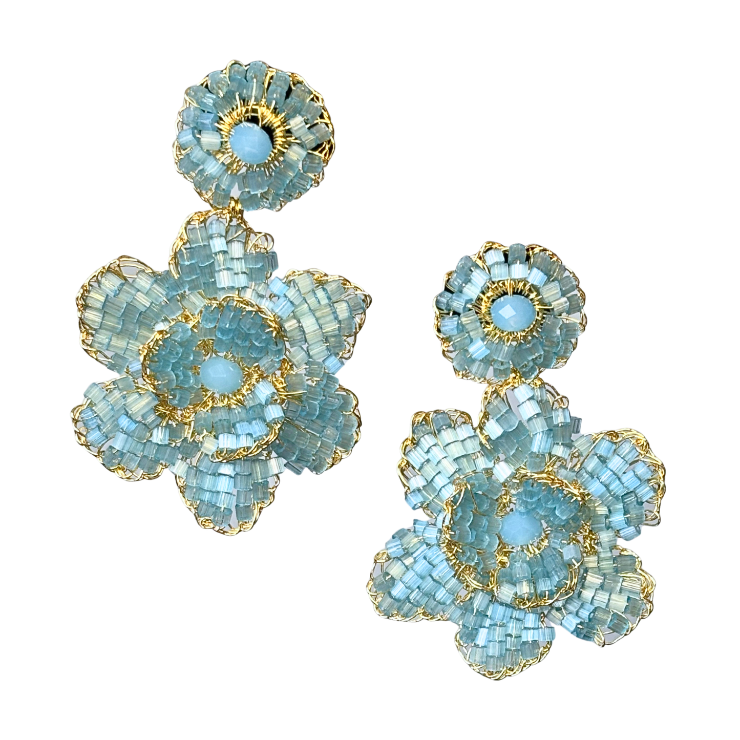 Double-Layer Blossom Beaded Floral Drop Earrings - Aqua