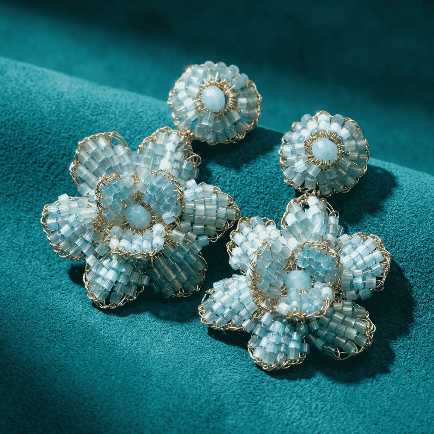 Double-Layer Blossom Beaded Floral Drop Earrings - Aqua