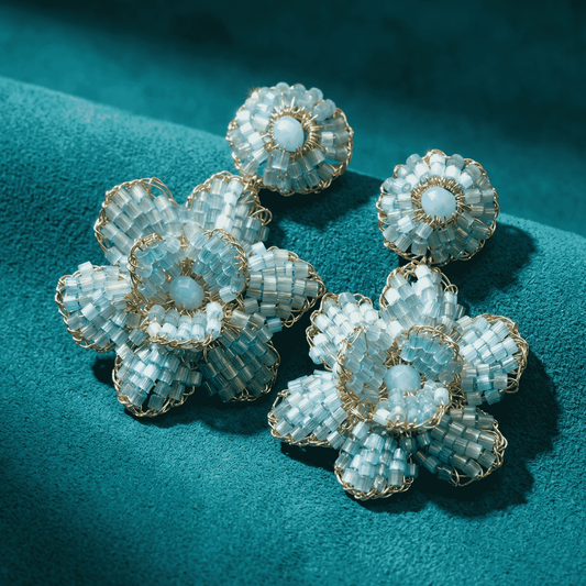 Double-Layer Blossom Beaded Floral Drop Earrings - Aqua