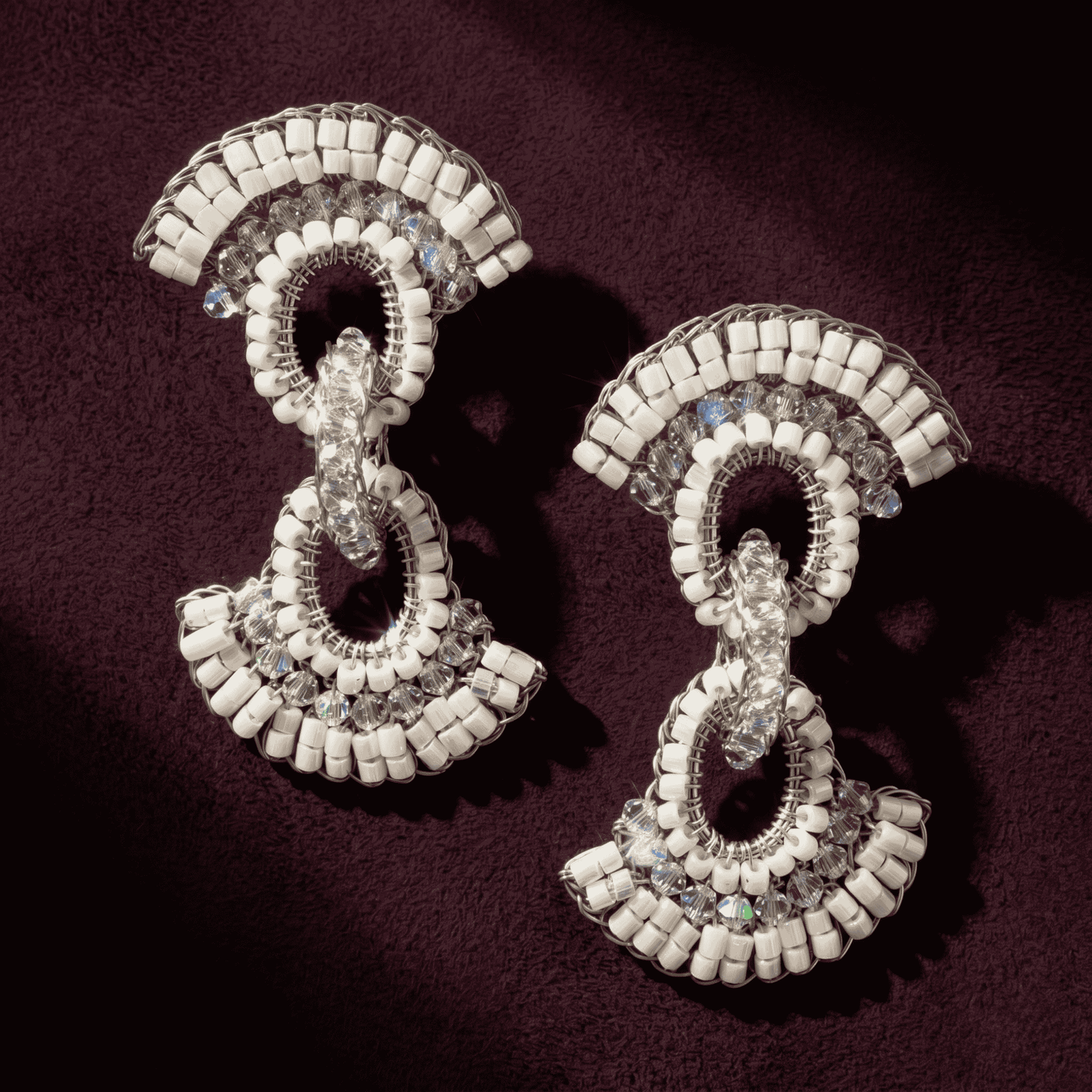 Hannah Beaded Drop Earrings - White & Silver
