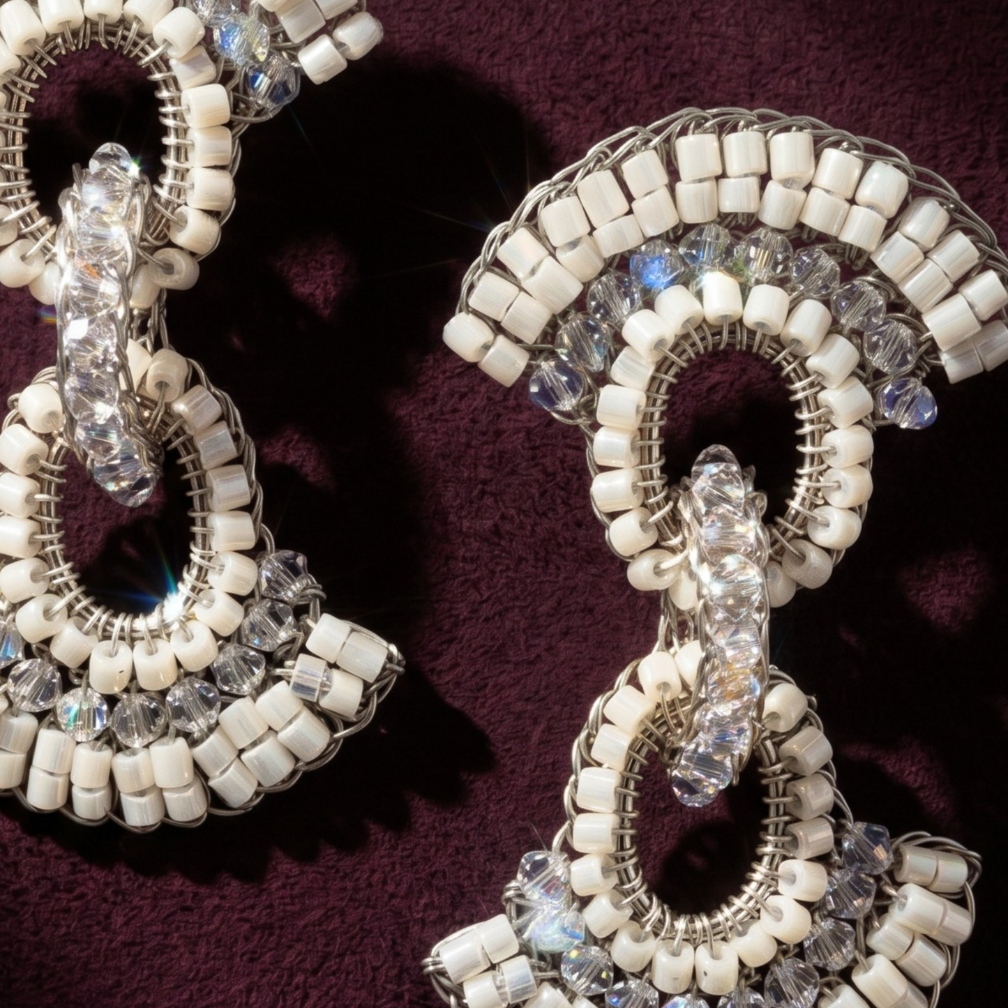Hannah Beaded Drop Earrings - White & Silver