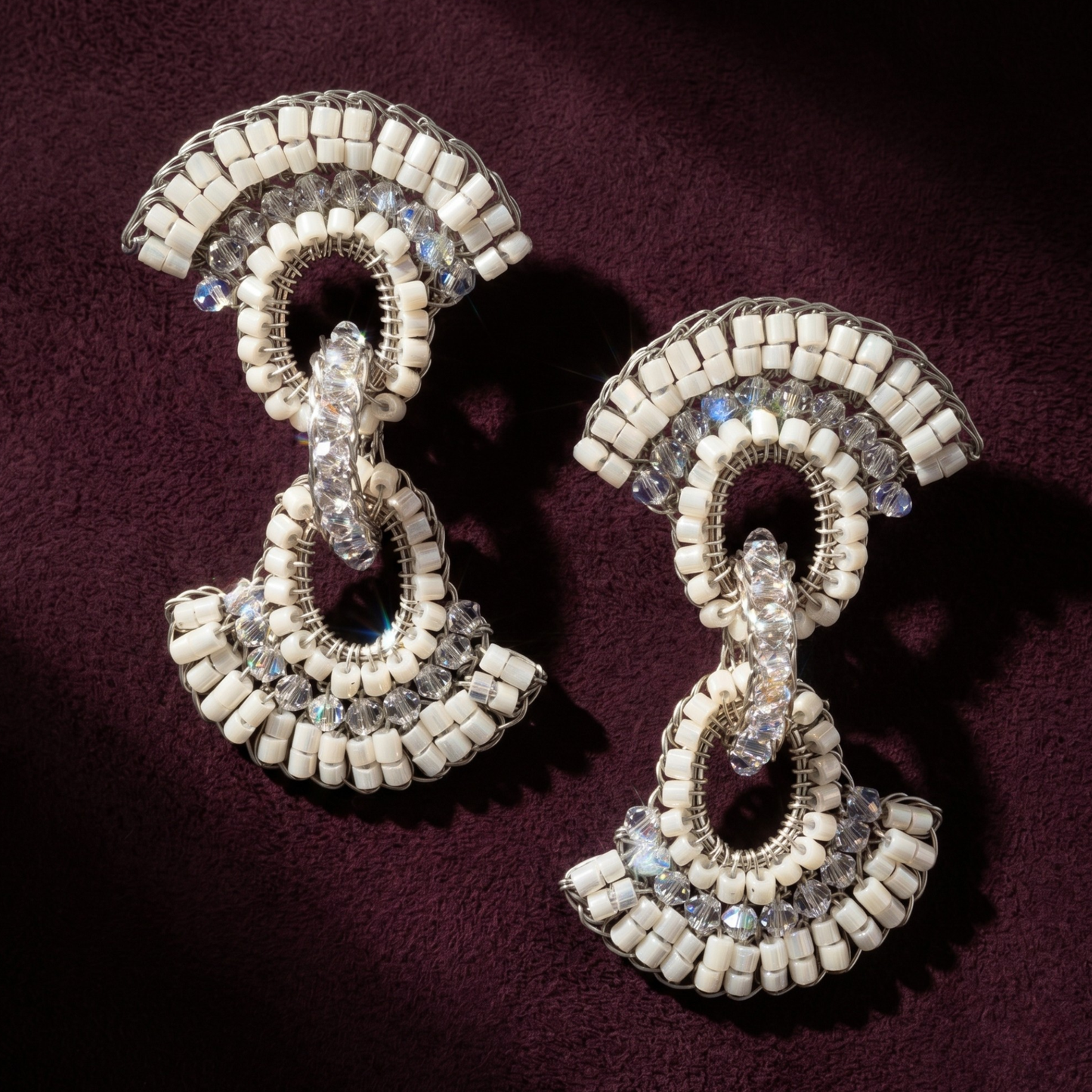 Hannah Beaded Drop Earrings - White & Silver