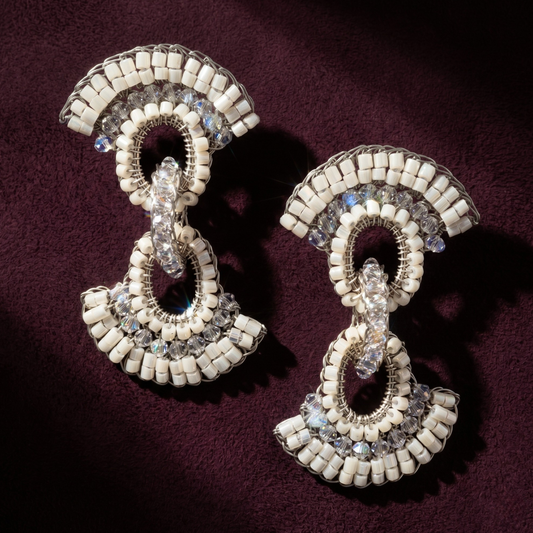 Hannah Beaded Drop Earrings - White & Silver