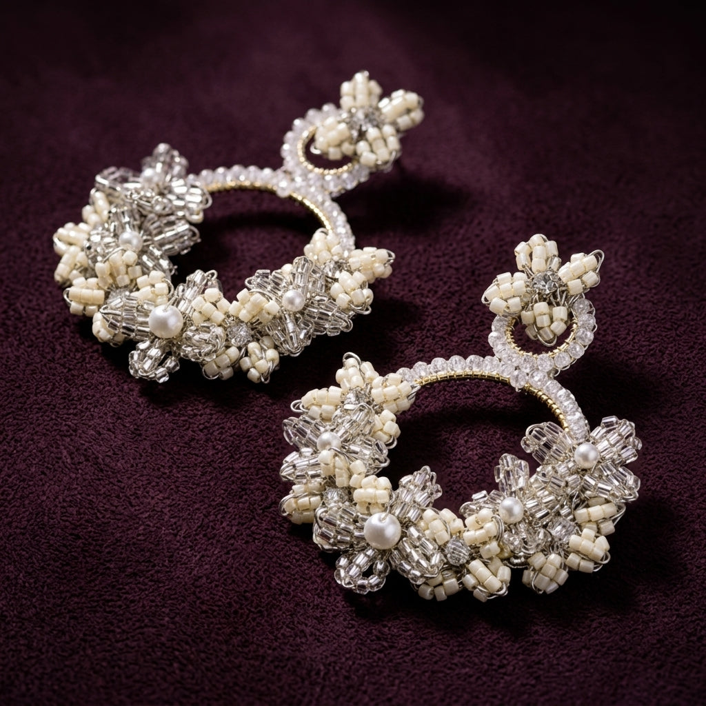 Large Garden Beaded Floral Halo Drop Earrings - White & Silver