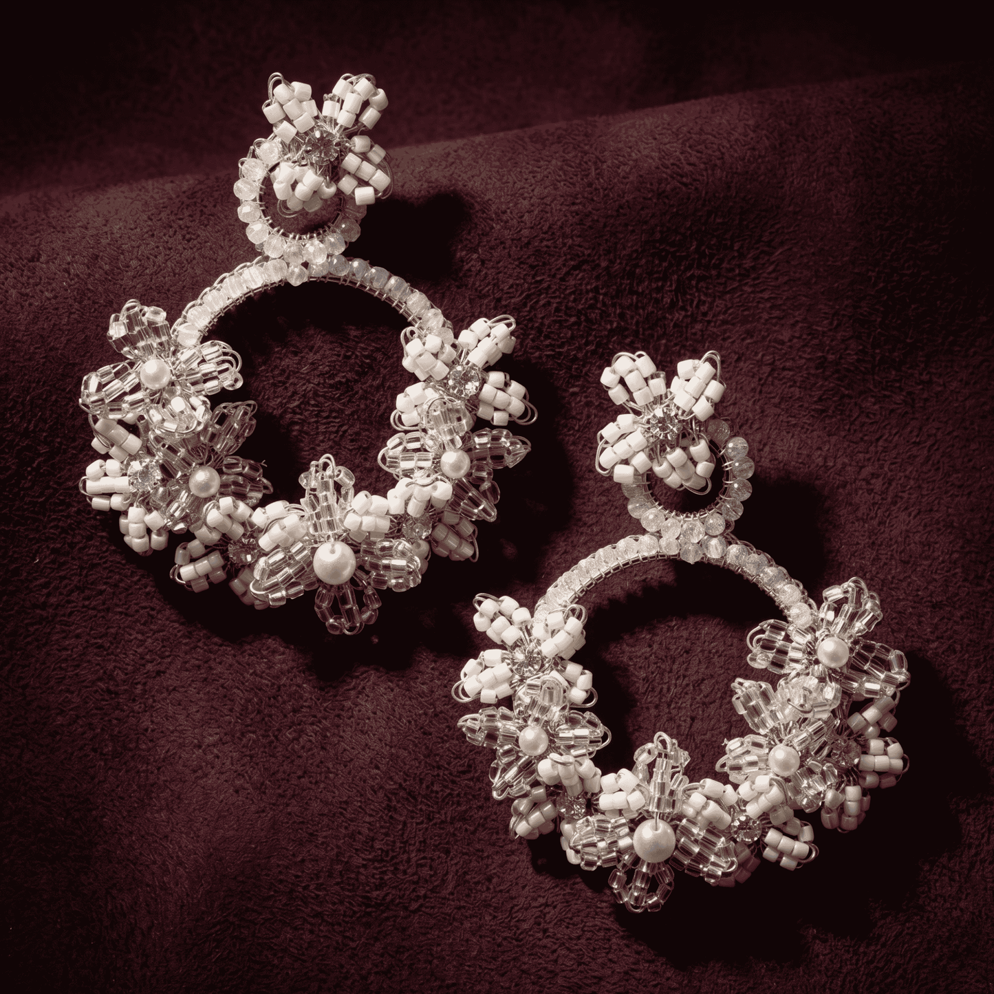 Large Garden Beaded Floral Halo Drop Earrings - White & Silver