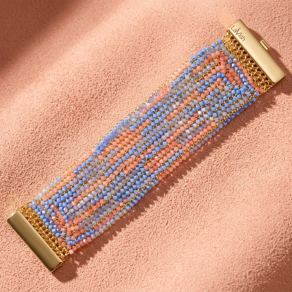 Beaded Mesh Cuff Bracelet - Blue & Pink