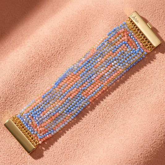 Beaded Mesh Cuff Bracelet - Blue & Pink