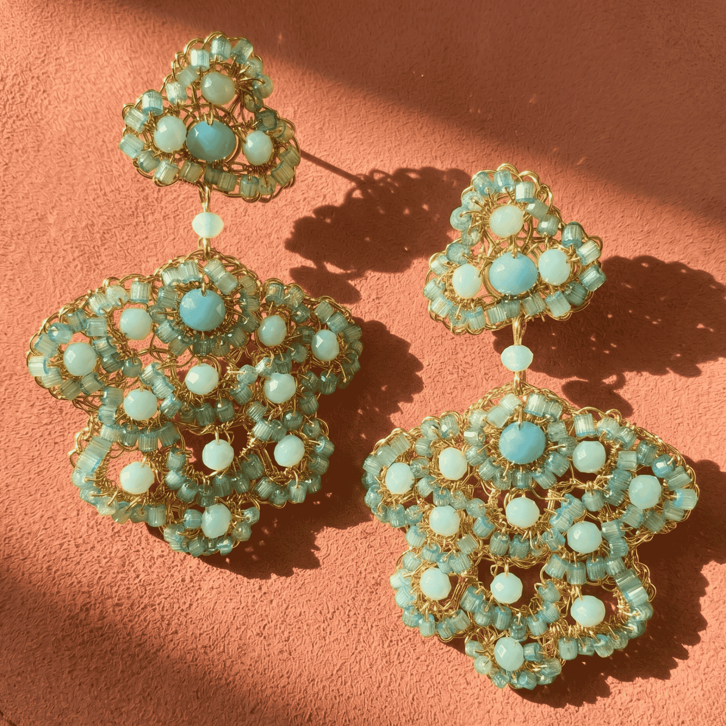 Poppy Beaded Floral Drop Earrings - Aqua